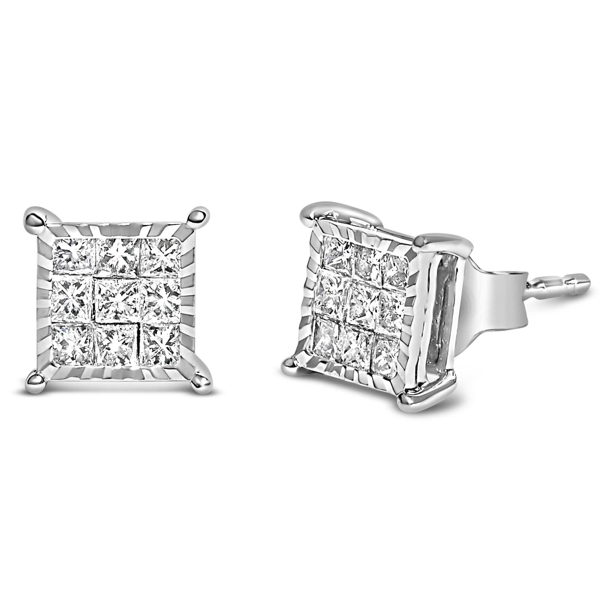 Sterling Silver 1/2 Cttw Princess Diamond Composite Square Stud Earrings
