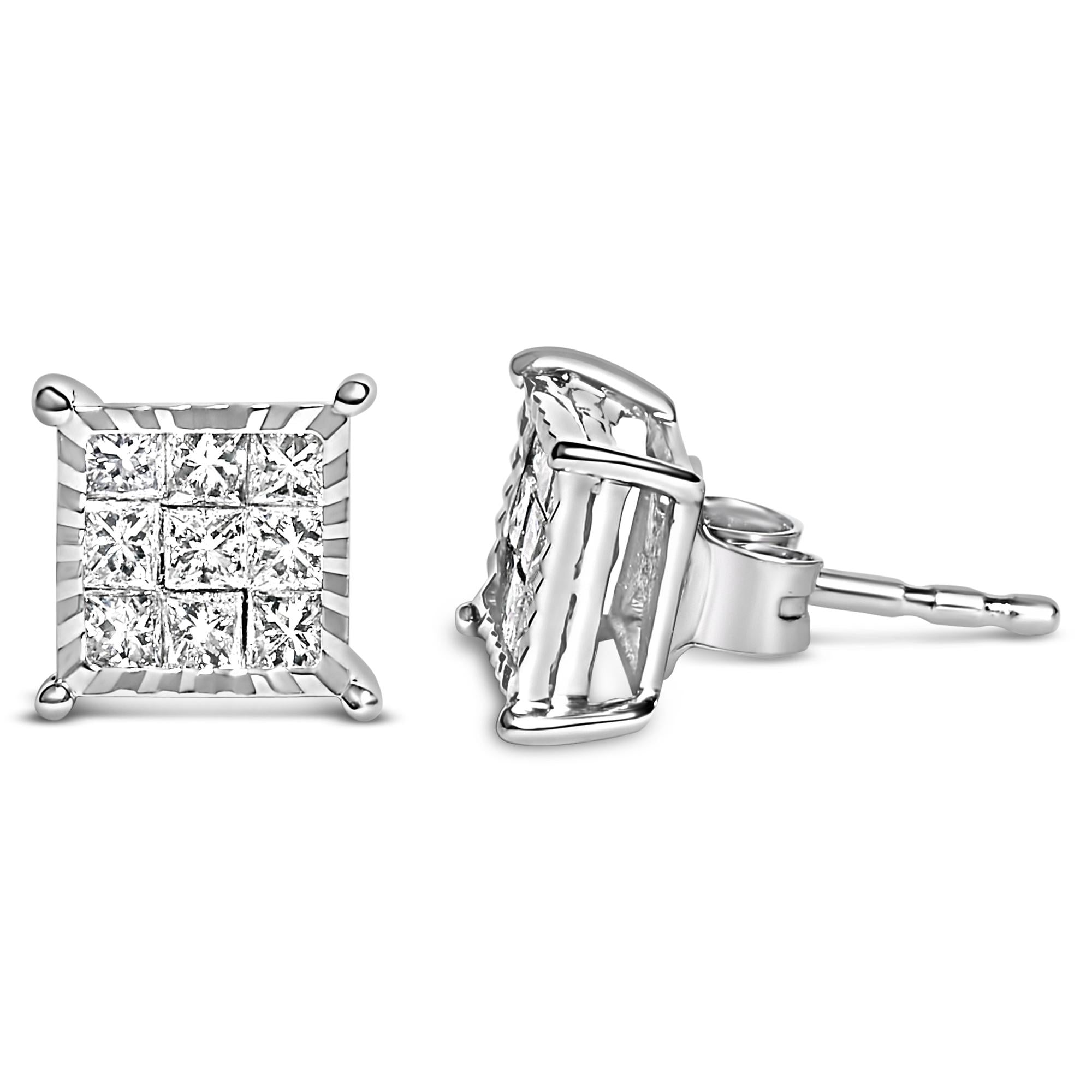 Sterling Silver 1/2 Cttw Princess Diamond Composite Square Stud Earrings