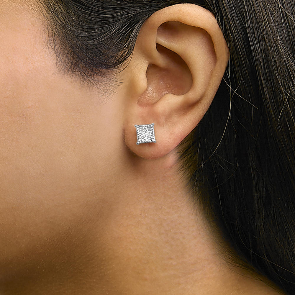 Sterling Silver 1/2 Cttw Princess Diamond Composite Square Stud Earrings