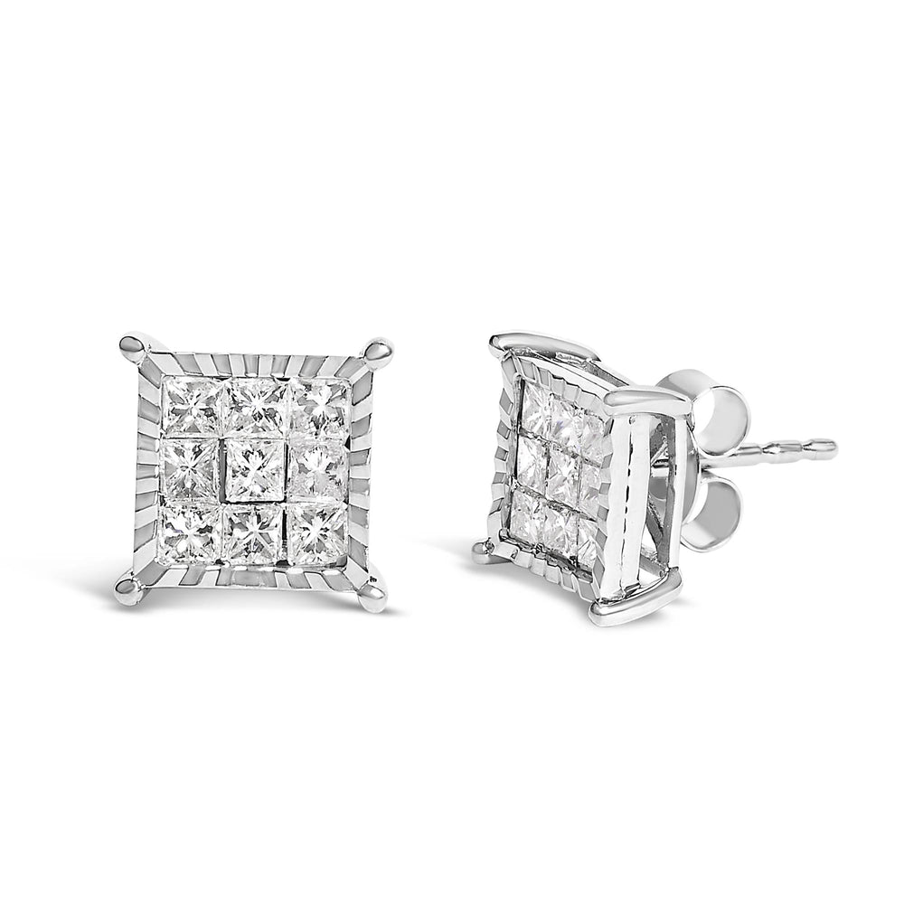 Sterling Silver 1.0 Cttw Princess Diamond Composite Square Stud Earrings