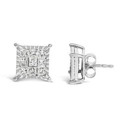 Sterling Silver 1.0 Cttw Princess Diamond Composite Square Stud Earrings