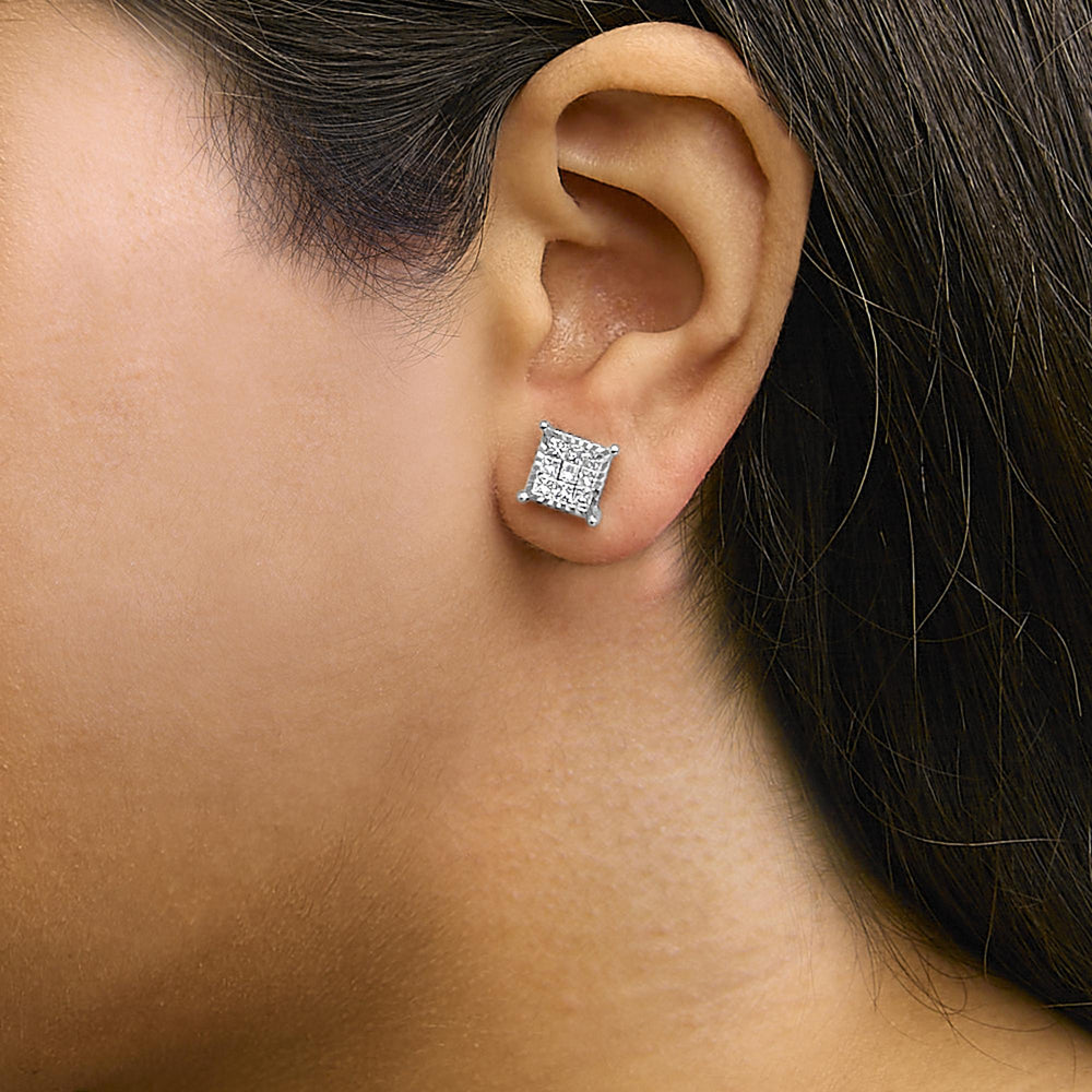 Sterling Silver 1.0 Cttw Princess Diamond Composite Square Stud Earrings