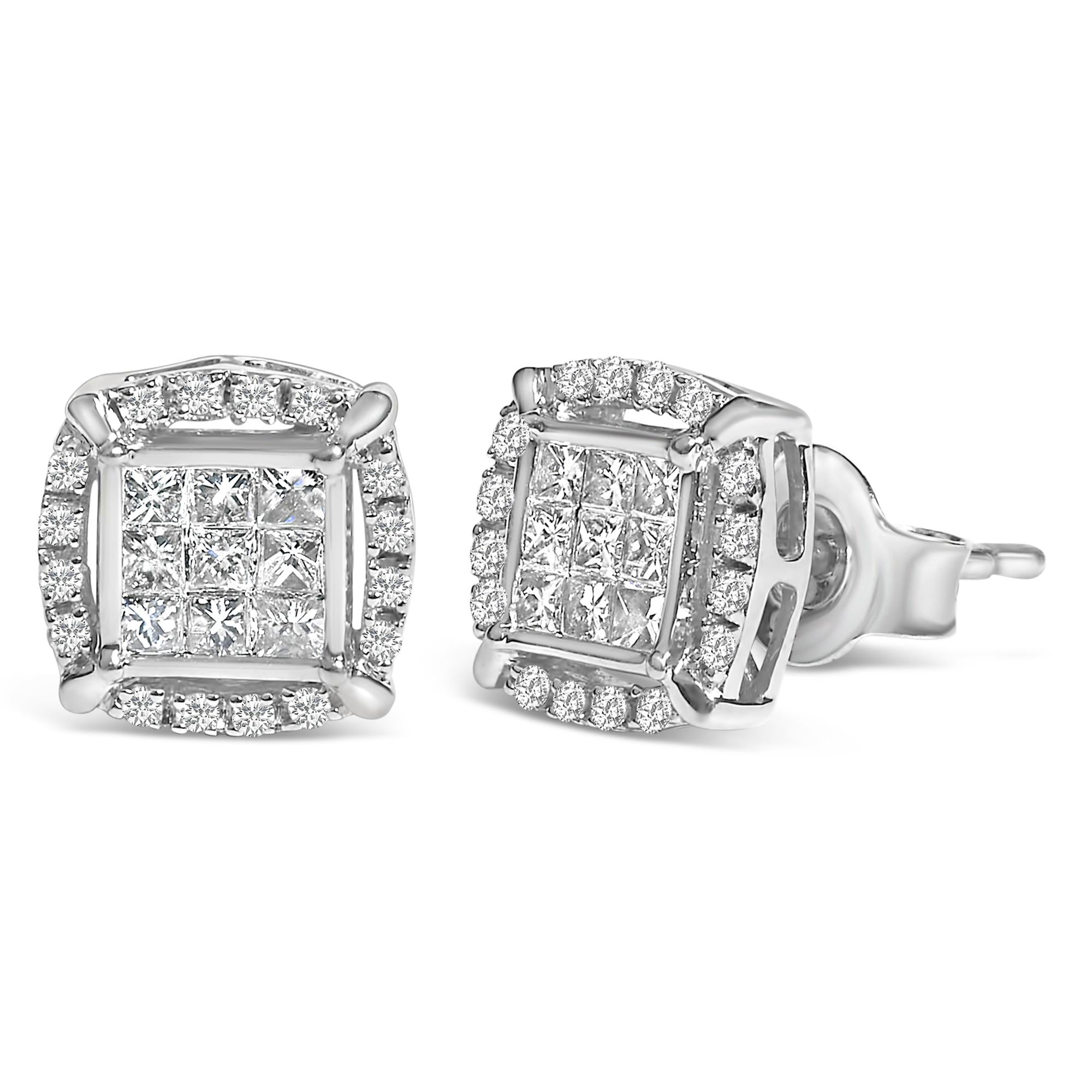 Sterling Silver 1/2 Cttw Princess Cut Diamond Composite and Halo Stud Earrings
