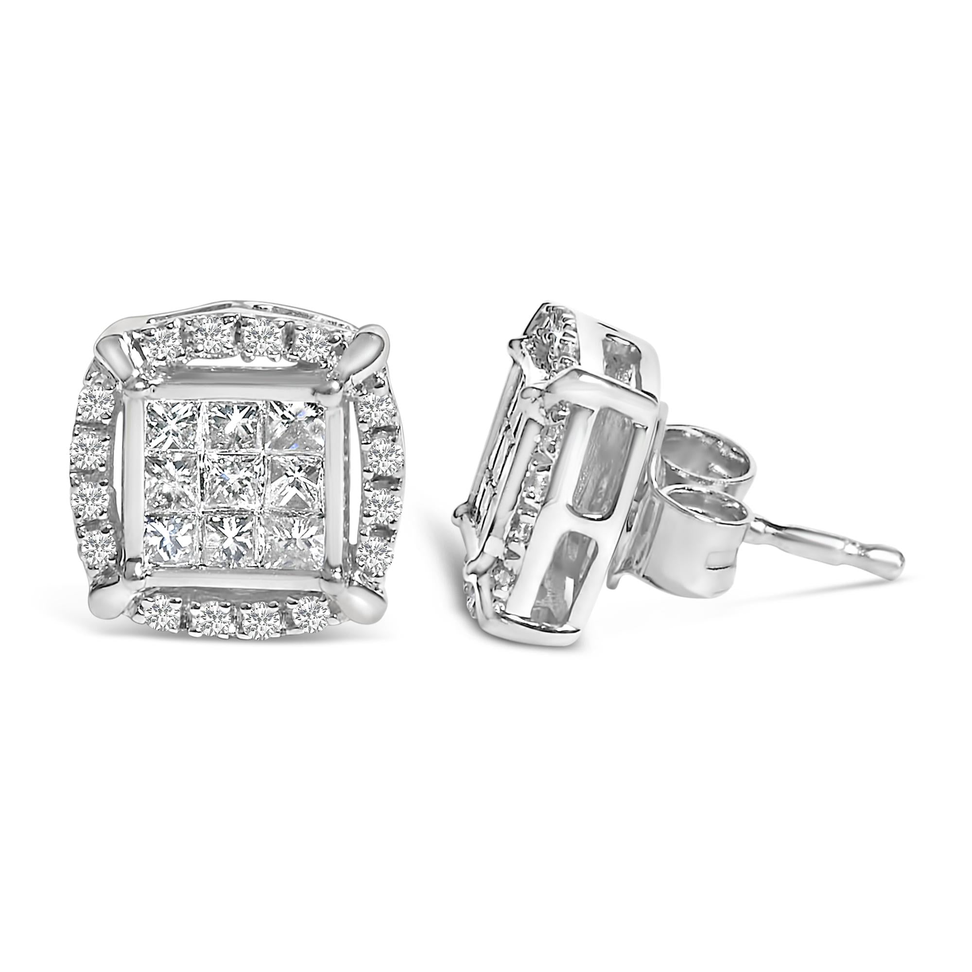 Sterling Silver 1/2 Cttw Princess Cut Diamond Composite and Halo Stud Earrings