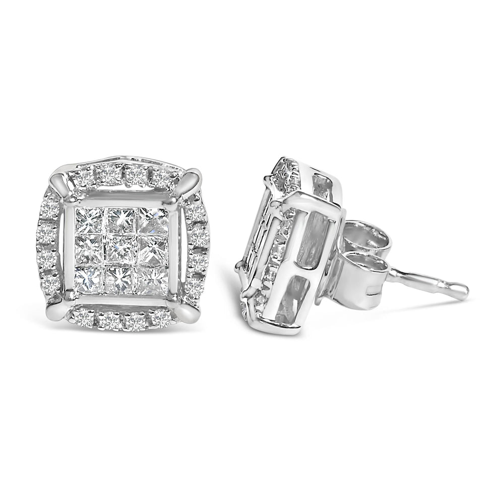 Sterling Silver 1/2 Cttw Princess Cut Diamond Composite and Halo Stud Earrings