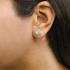 Sterling Silver 1/2 Cttw Princess Cut Diamond Composite and Halo Stud Earrings