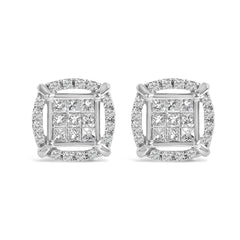 Sterling Silver 1 Cttw Princess Cut Diamond Square Halo Stud Earrings