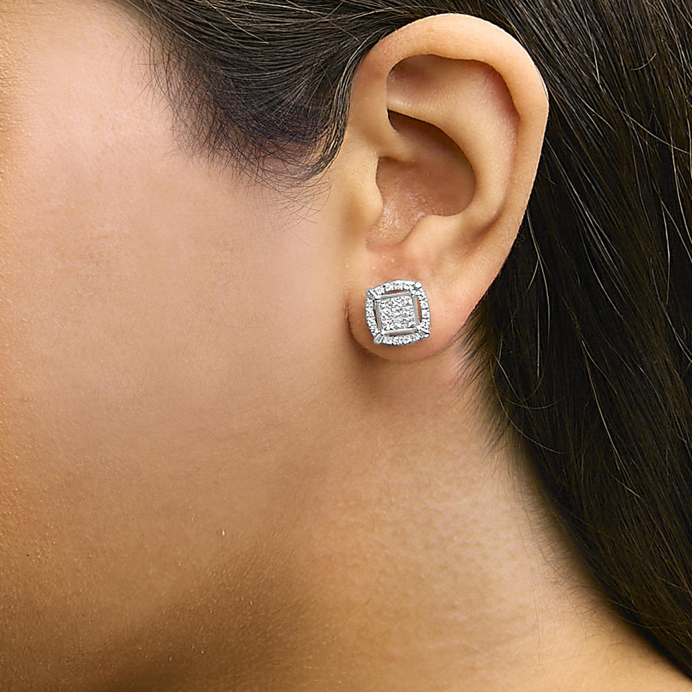 Sterling Silver 1 Cttw Princess Cut Diamond Square Halo Stud Earrings