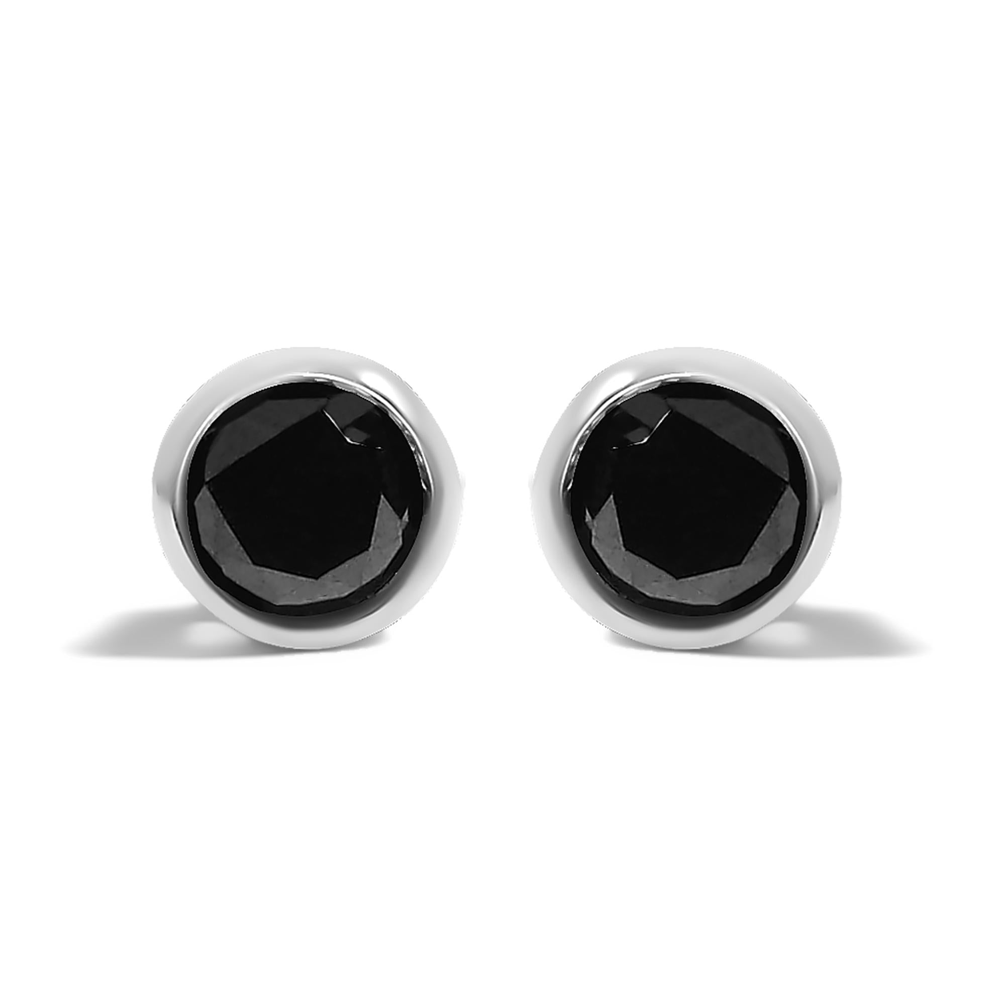 .925 Sterling Silver Round Brilliant-Cut Black Diamond Bezel-Set Stud Earrings with Screw Backs (Fancy Color-Enhanced, I2-I3 Clarity)