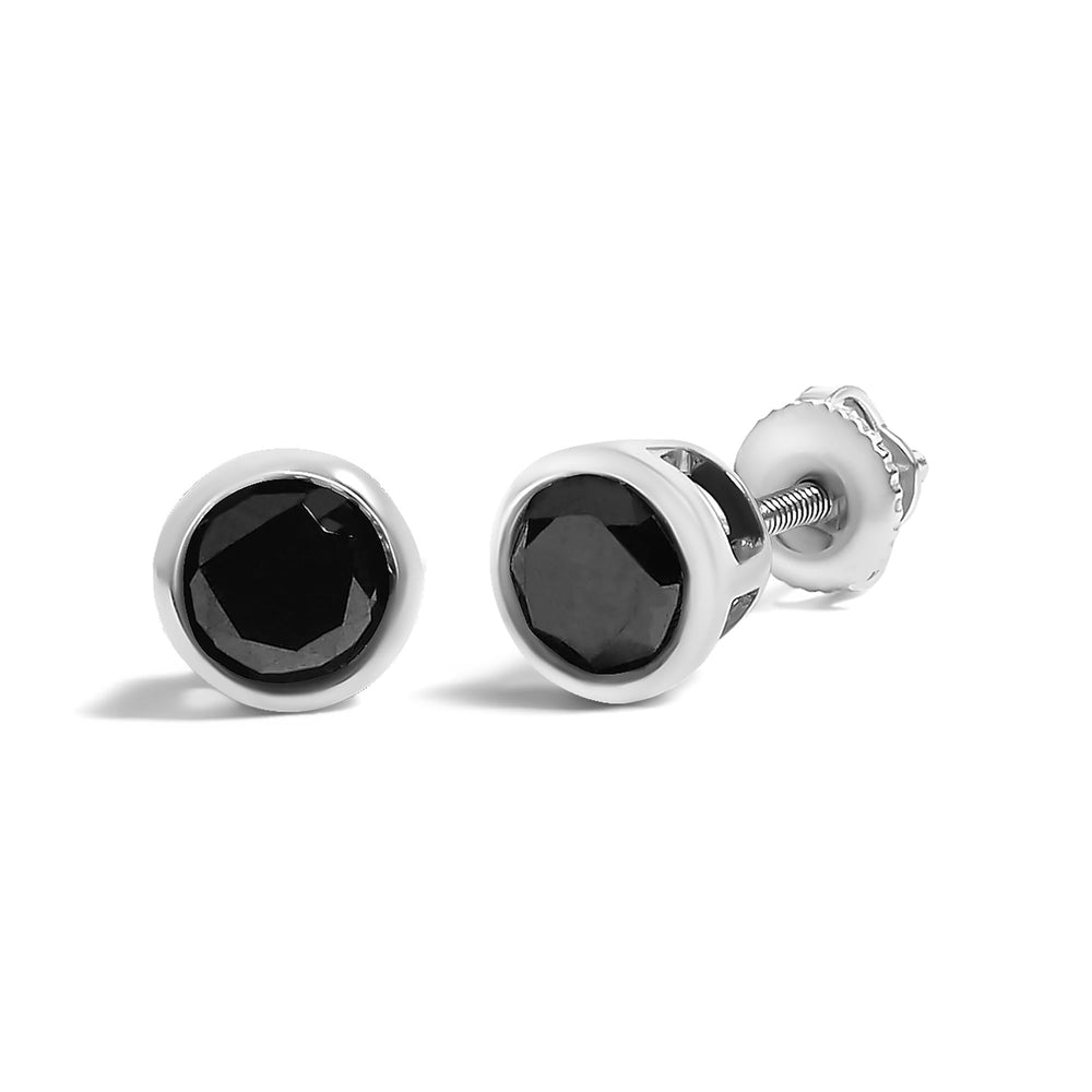 .925 Sterling Silver Round Brilliant-Cut Black Diamond Bezel-Set Stud Earrings with Screw Backs (Fancy Color-Enhanced, I2-I3 Clarity)