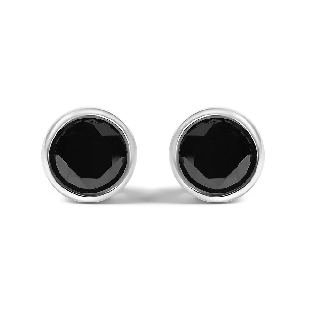 .925 Sterling Silver Round Brilliant-Cut Black Diamond Bezel-Set Stud Earrings with Screw Backs (Fancy Color-Enhanced, I2-I3 Clarity)