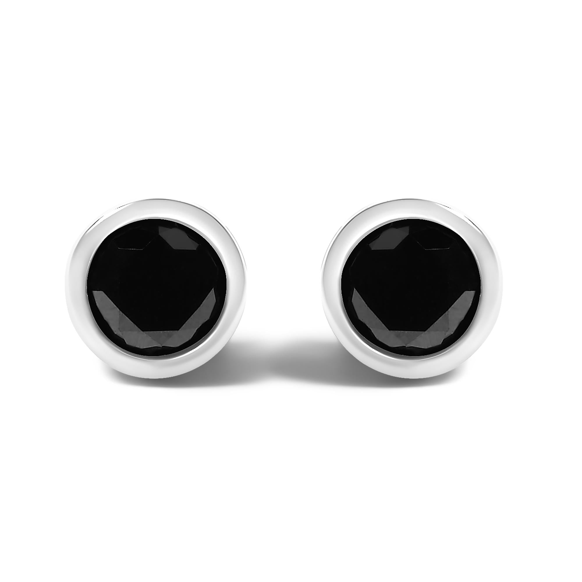 .925 Sterling Silver Round Brilliant-Cut Black Diamond Bezel-Set Stud Earrings with Screw Backs (Fancy Color-Enhanced, I2-I3 Clarity)