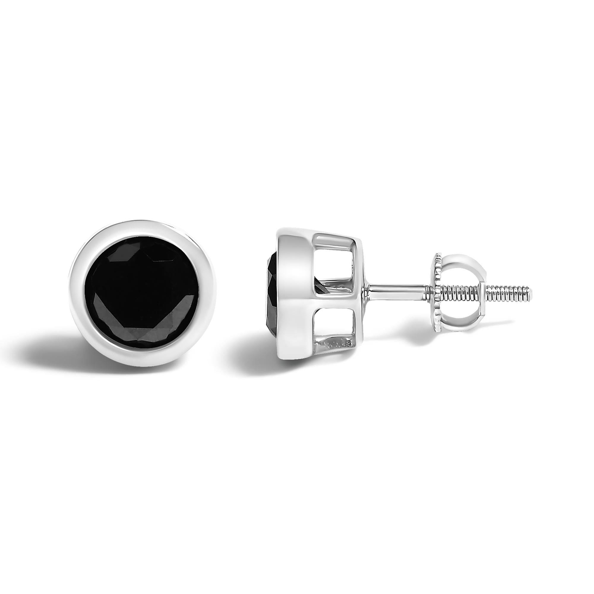 .925 Sterling Silver Round Brilliant-Cut Black Diamond Bezel-Set Stud Earrings with Screw Backs (Fancy Color-Enhanced, I2-I3 Clarity)