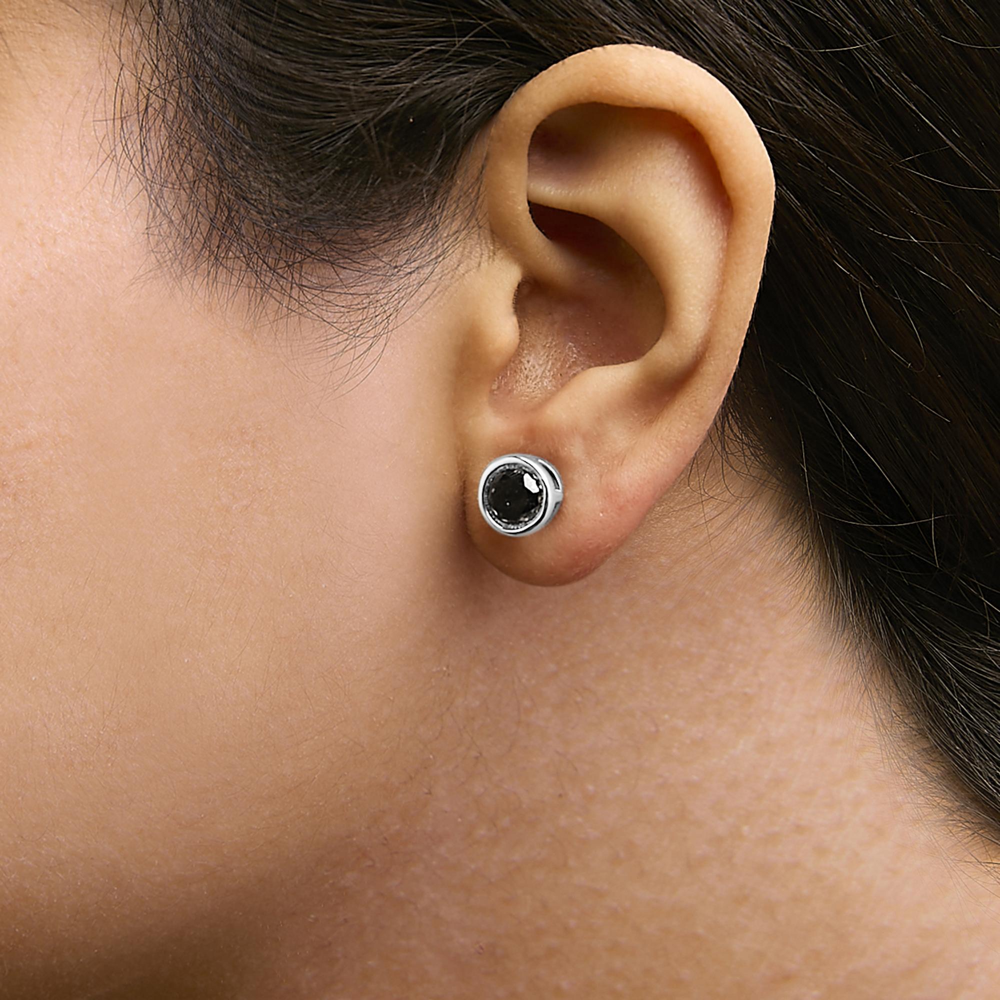 .925 Sterling Silver Round Brilliant-Cut Black Diamond Bezel-Set Stud Earrings with Screw Backs (Fancy Color-Enhanced, I2-I3 Clarity)
