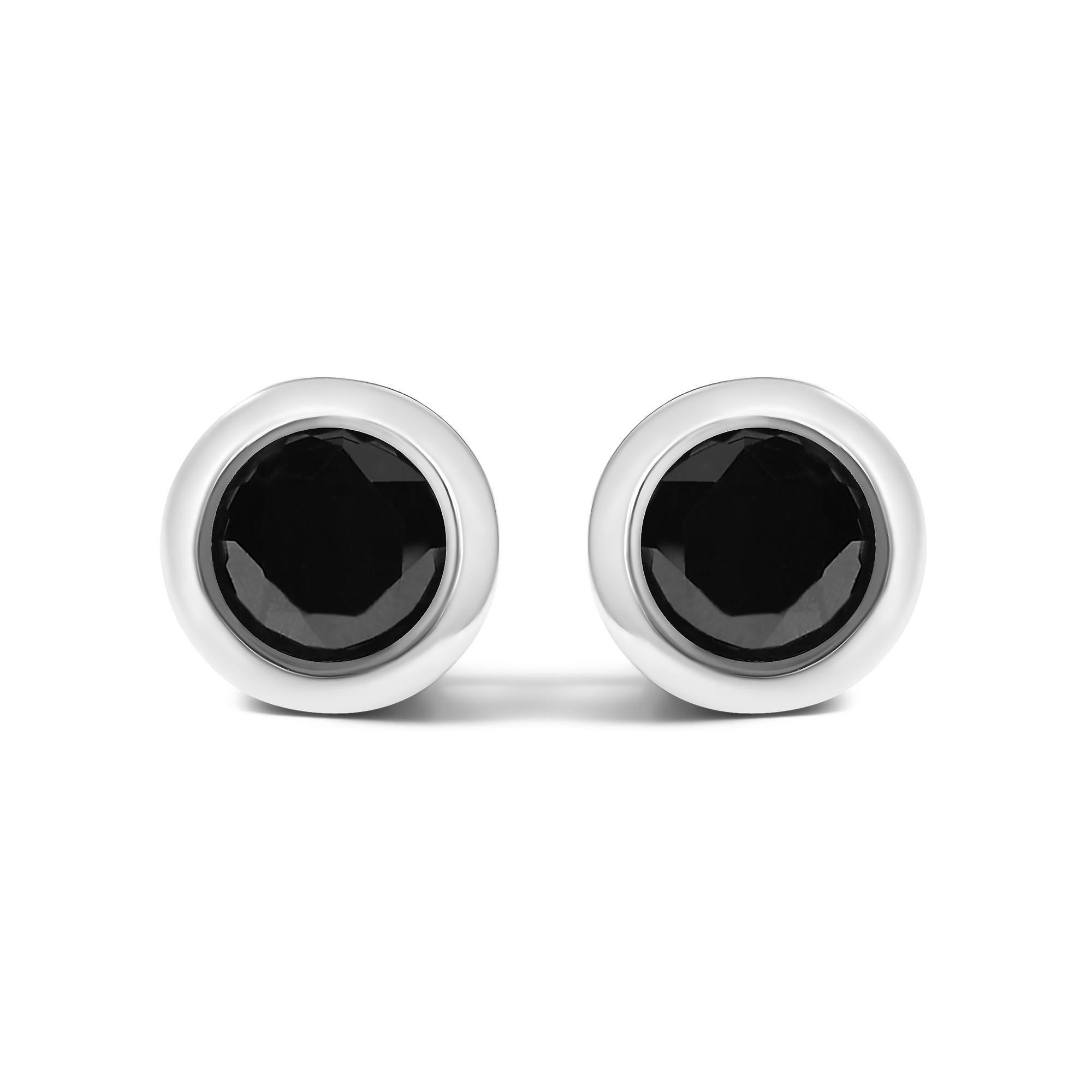 .925 Sterling Silver Round Brilliant-Cut Black Diamond Bezel-Set Stud Earrings with Screw Backs (Fancy Color-Enhanced, I2-I3 Clarity)