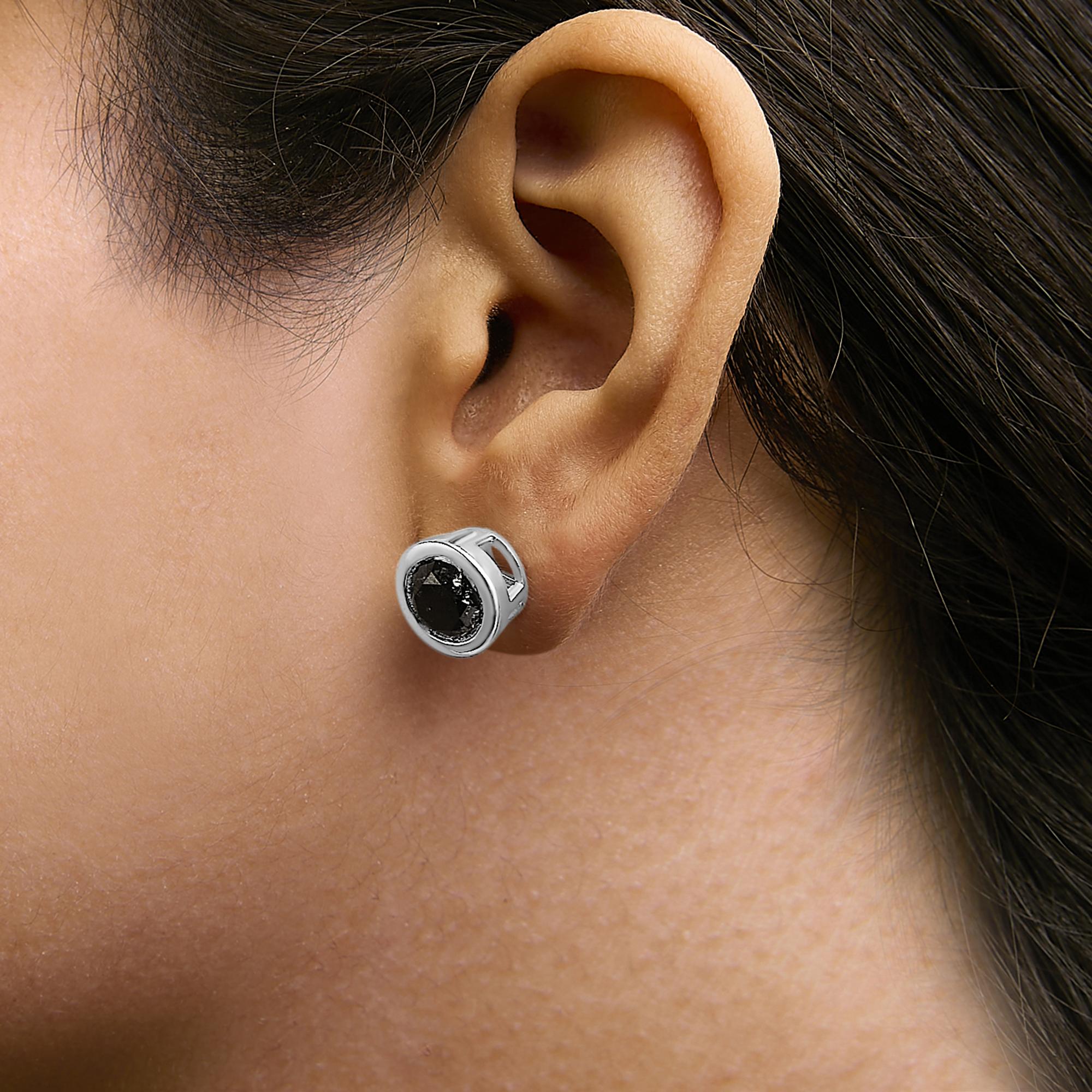 .925 Sterling Silver Round Brilliant-Cut Black Diamond Bezel-Set Stud Earrings with Screw Backs (Fancy Color-Enhanced, I2-I3 Clarity)
