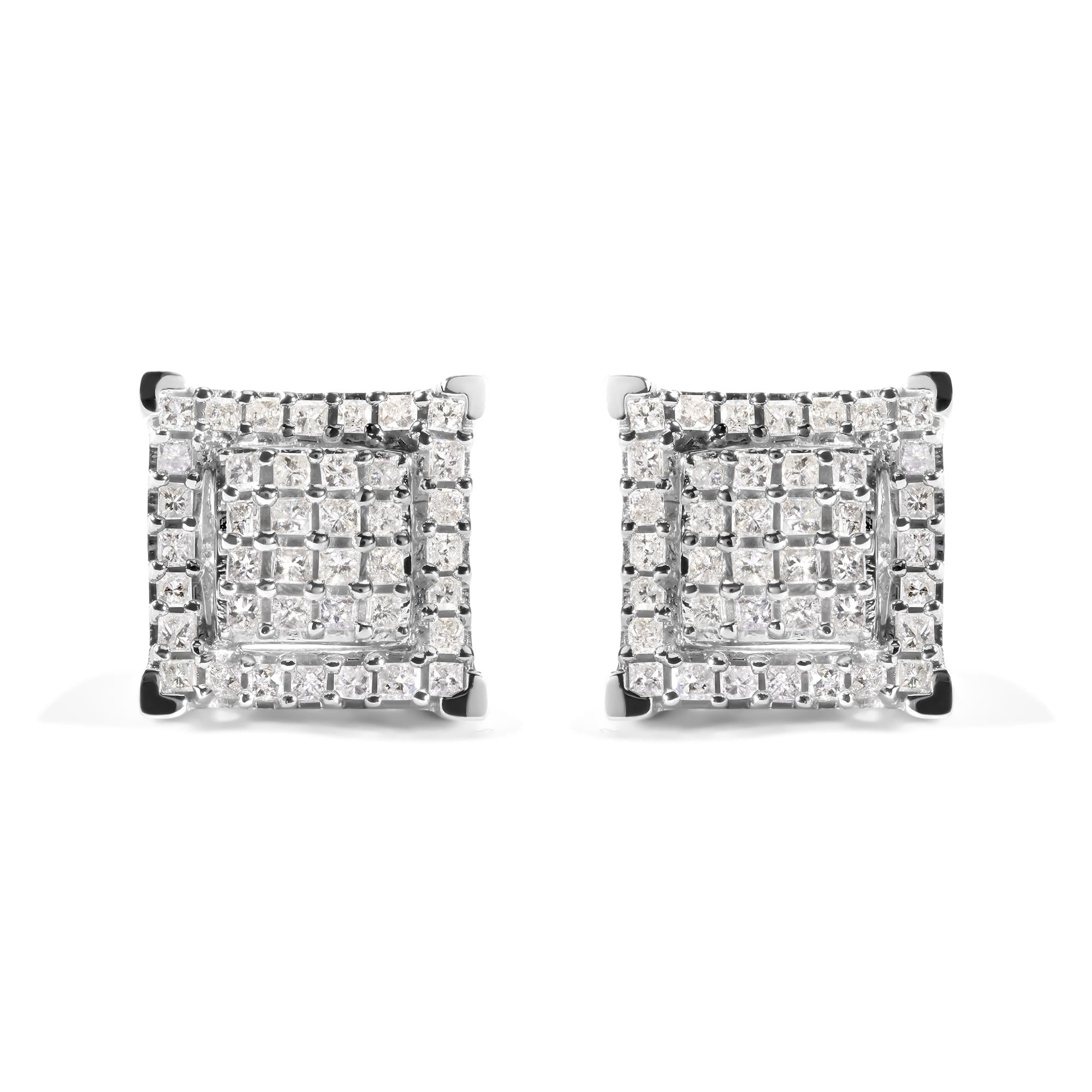 10K White Gold 1 1/4 Cttw Princess Diamond Composite Double Square and Halo Stud Earrings (I-J Color, I1-I2 Clarity)