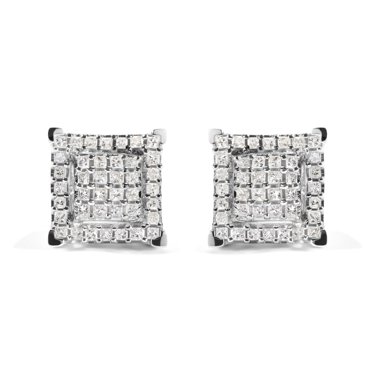 10K White Gold 1 1/4 Cttw Princess Diamond Composite Double Square and Halo Stud Earrings (I-J Color, I1-I2 Clarity)