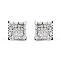 10K White Gold 1 1/4 Cttw Princess Diamond Composite Double Square and Halo Stud Earrings (I-J Color, I1-I2 Clarity)