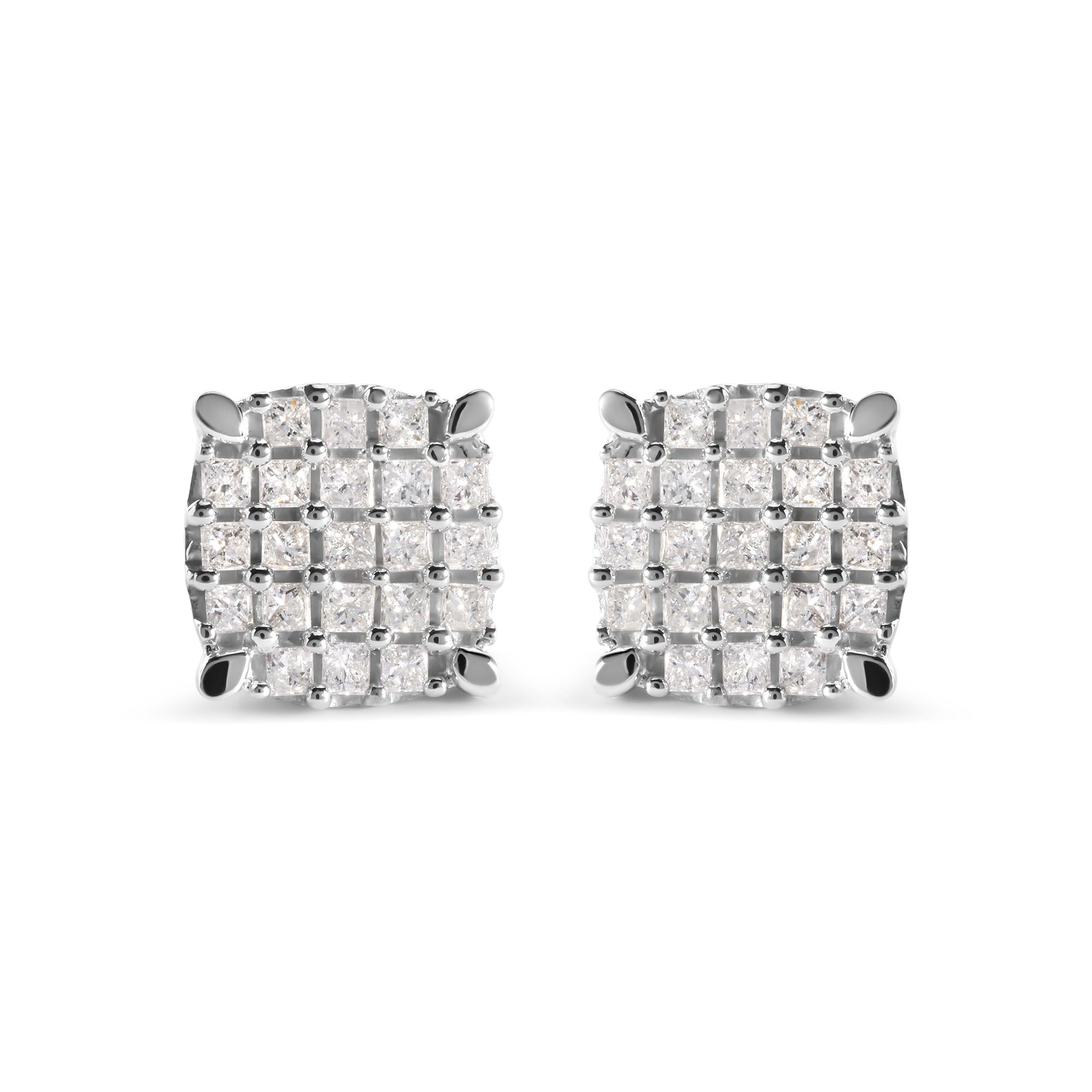 10K White Gold 3/4 Cttw Princess Diamond Composite Cushion Shape Stud Earrings (I-J Color, I1-I2 Clarity)