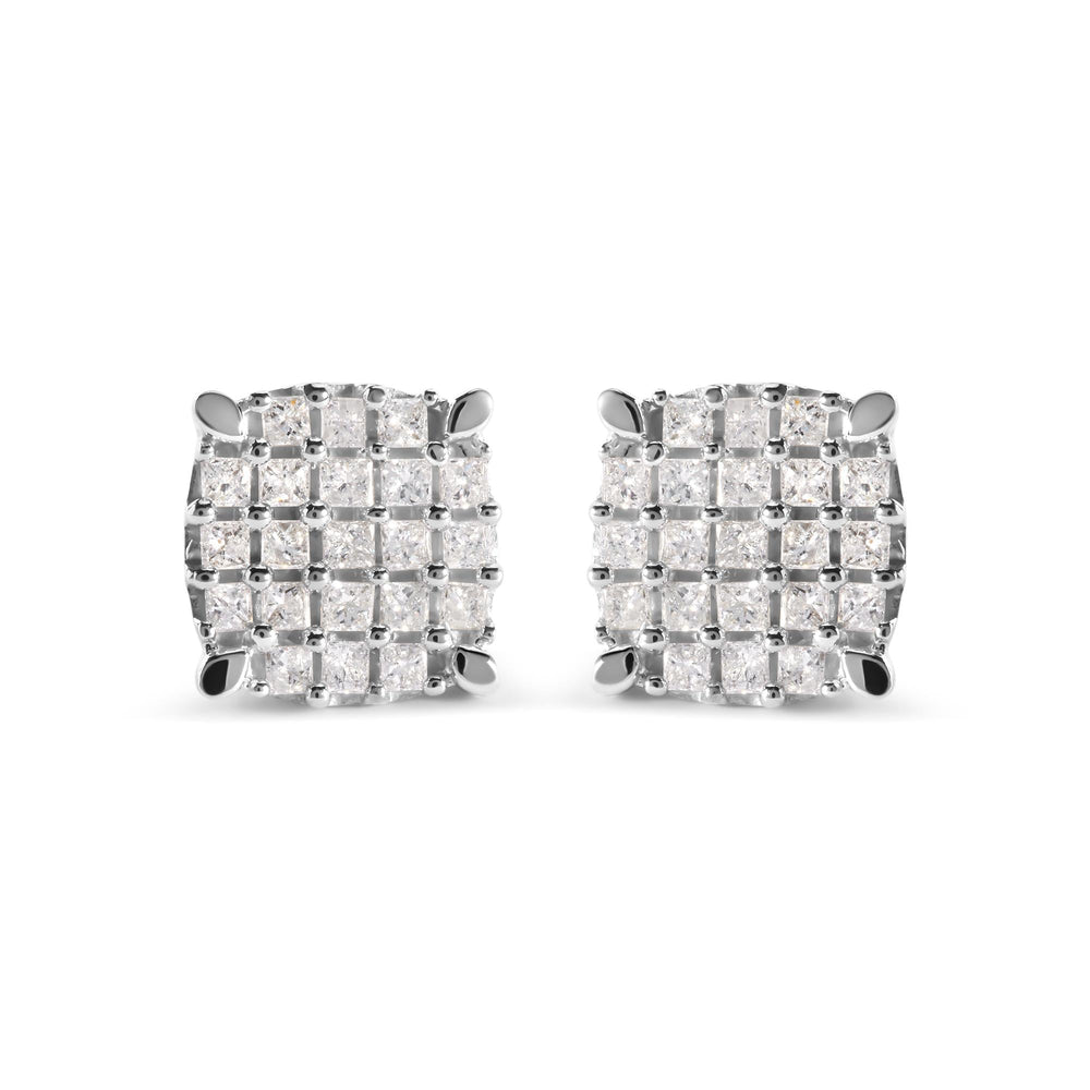 10K White Gold 3/4 Cttw Princess Diamond Composite Cushion Shape Stud Earrings (I-J Color, I1-I2 Clarity)