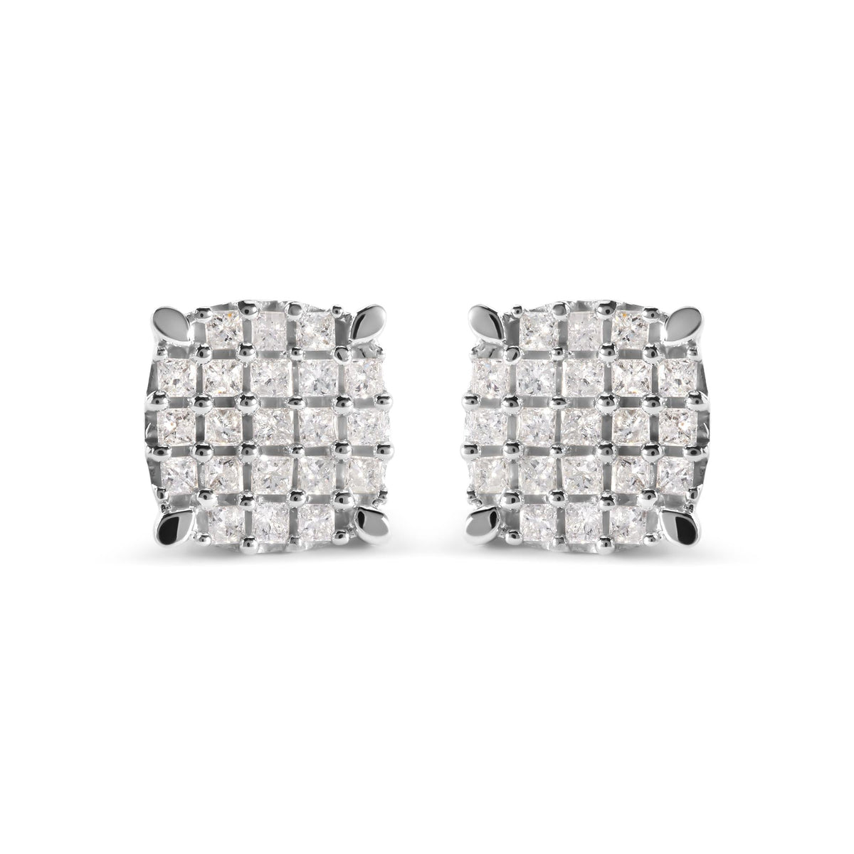 10K White Gold 3/4 Cttw Princess Diamond Composite Cushion Shape Stud Earrings (I-J Color, I1-I2 Clarity)