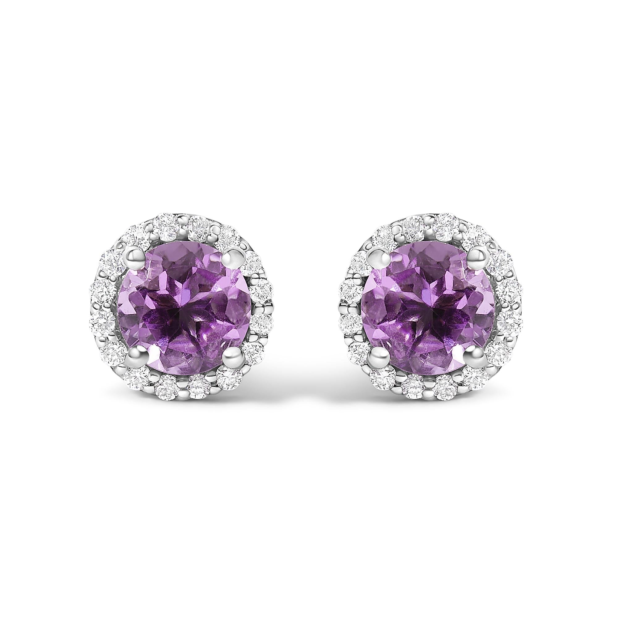 10K Gold Gemstone and 1/6 Cttw Diamond Halo Stud Earring