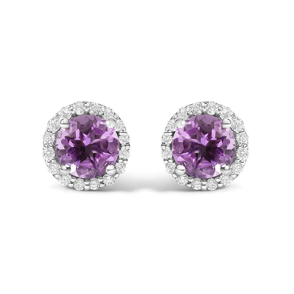 10K Gold Gemstone and 1/6 Cttw Diamond Halo Stud Earring
