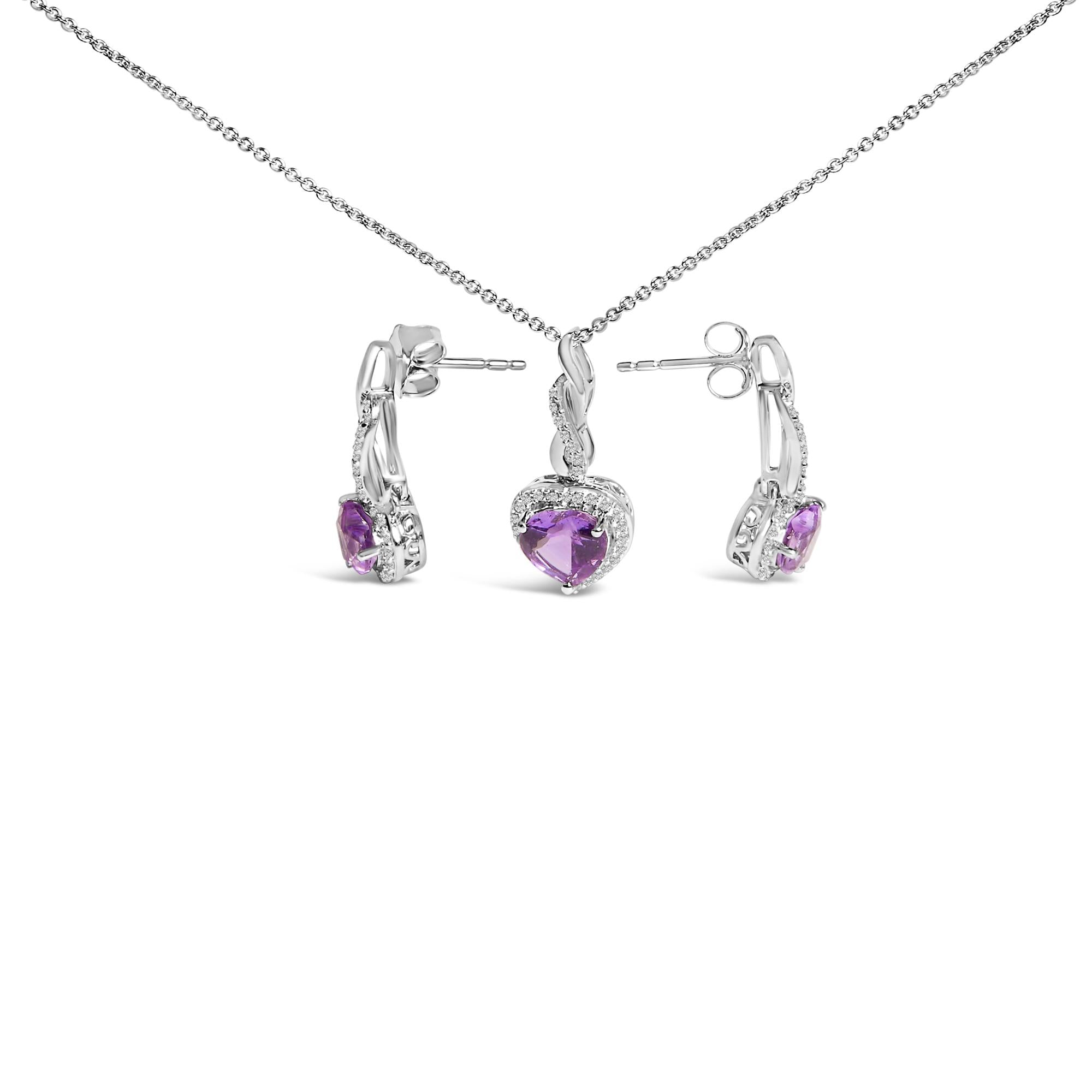 .925 Sterling Silver Heart Shape Purple Amethyst and White Sapphire Halo Earring Necklace Set