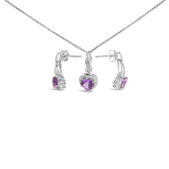 .925 Sterling Silver Heart Shape Purple Amethyst and White Sapphire Halo Earring Necklace Set