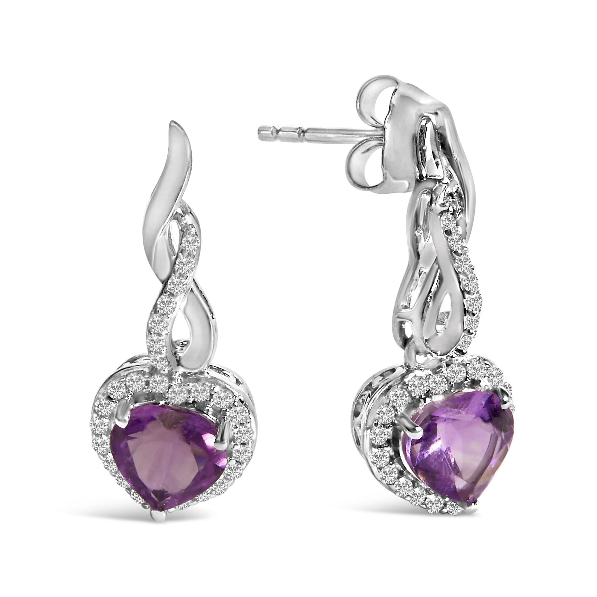 .925 Sterling Silver Heart Shape Purple Amethyst and White Sapphire Halo Earring Necklace Set