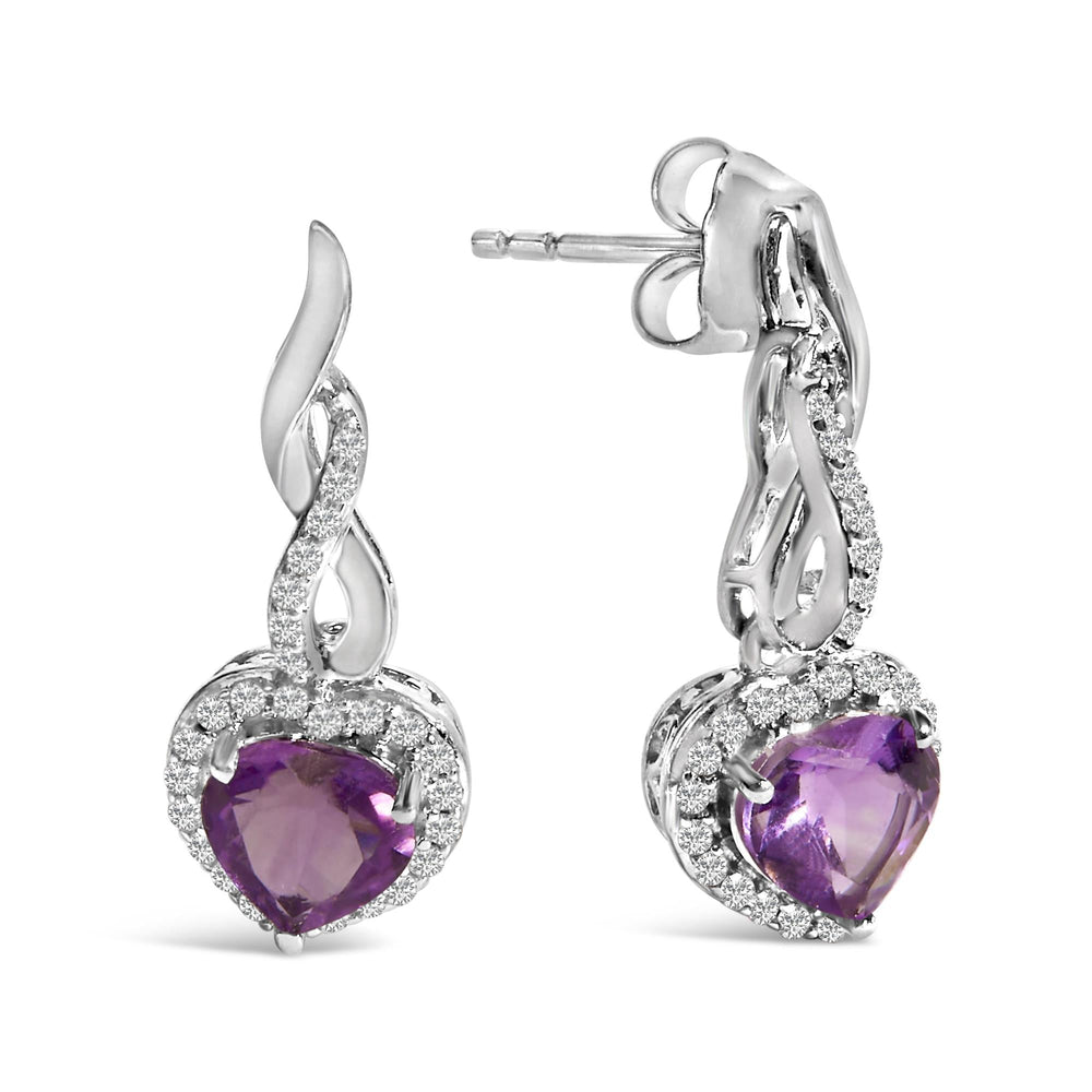 .925 Sterling Silver Heart Shape Purple Amethyst and White Sapphire Halo Earring Necklace Set
