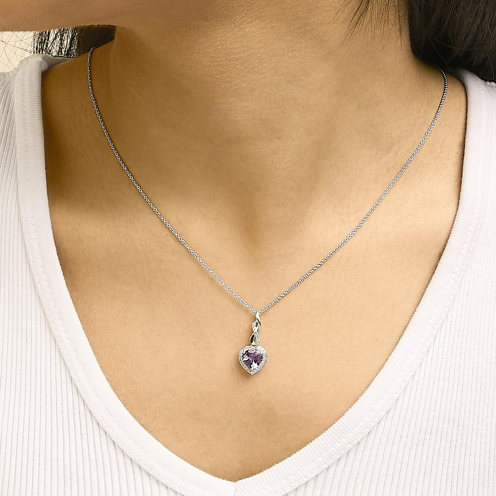 .925 Sterling Silver Heart Shape Purple Amethyst and White Sapphire Halo Earring Necklace Set
