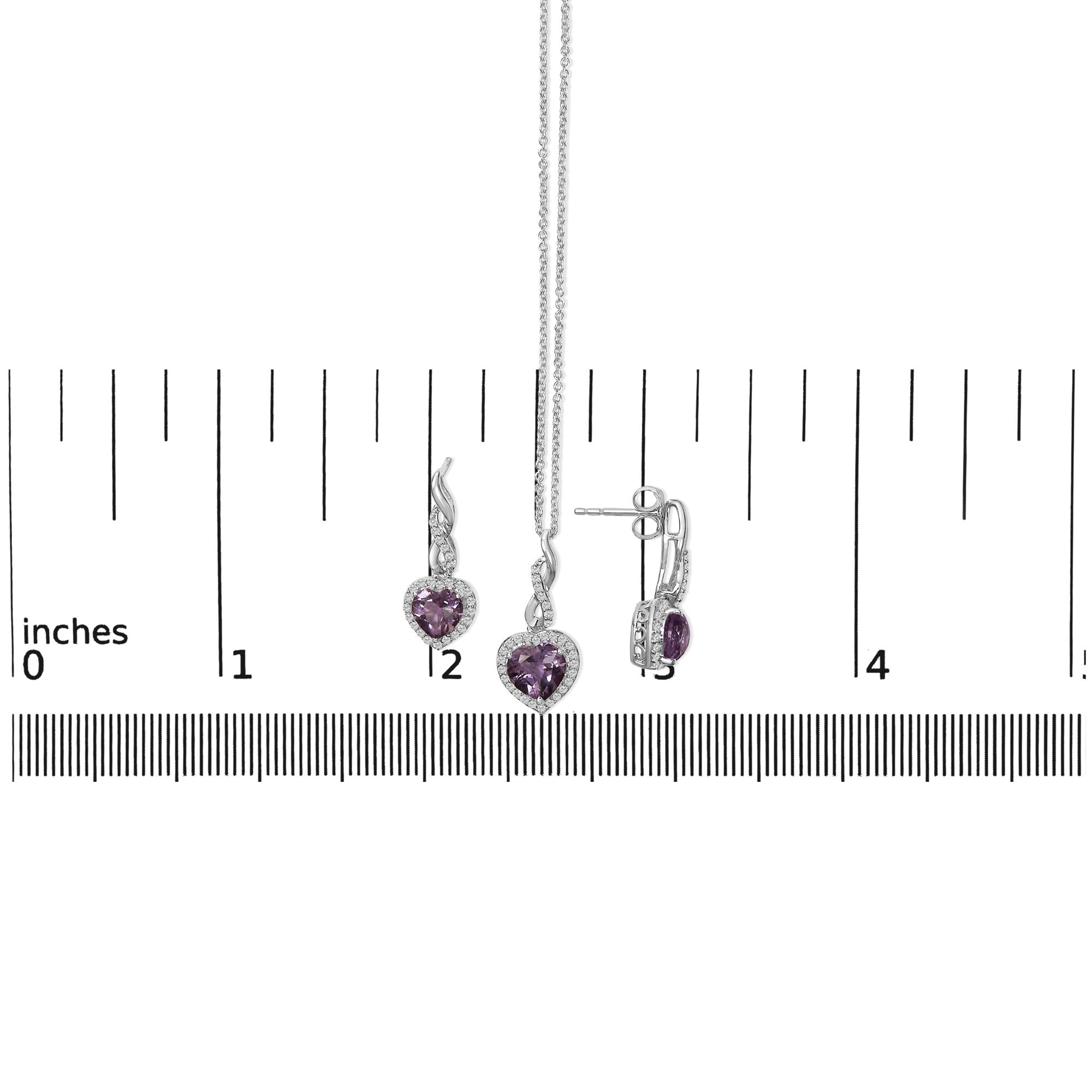 .925 Sterling Silver Heart Shape Purple Amethyst and White Sapphire Halo Earring Necklace Set