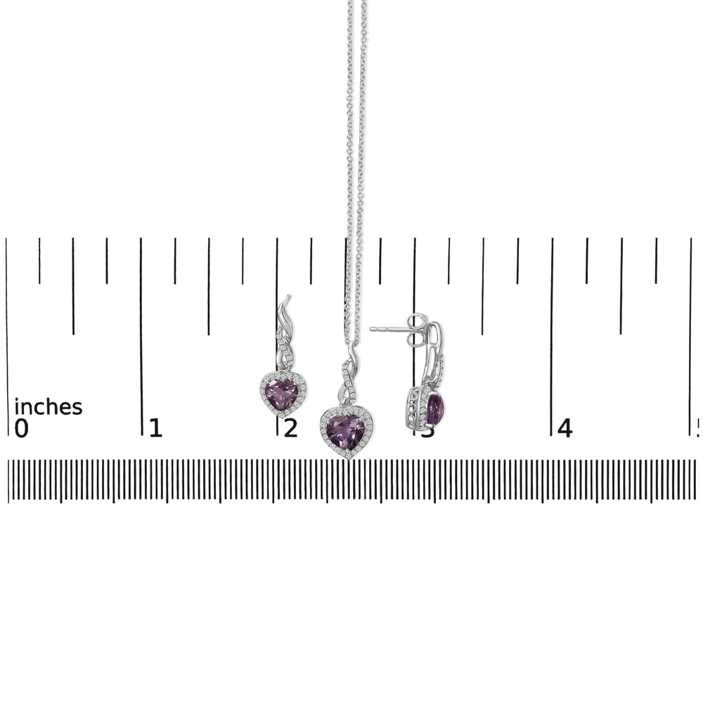 .925 Sterling Silver Heart Shape Purple Amethyst and White Sapphire Halo Earring Necklace Set