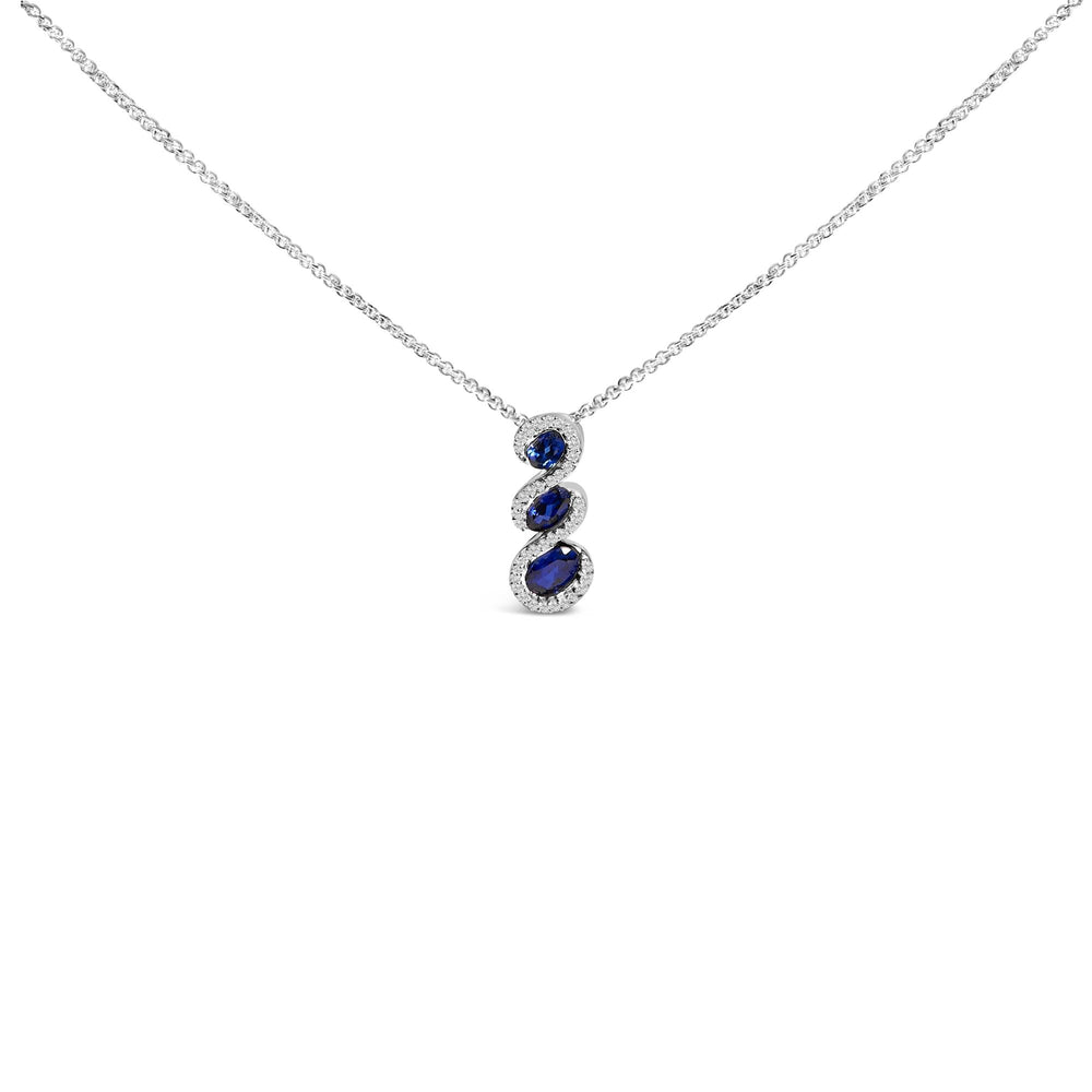 .925 Sterling Silver Created Blue and White Sapphire 3 Stone Swirl Pendant Necklace