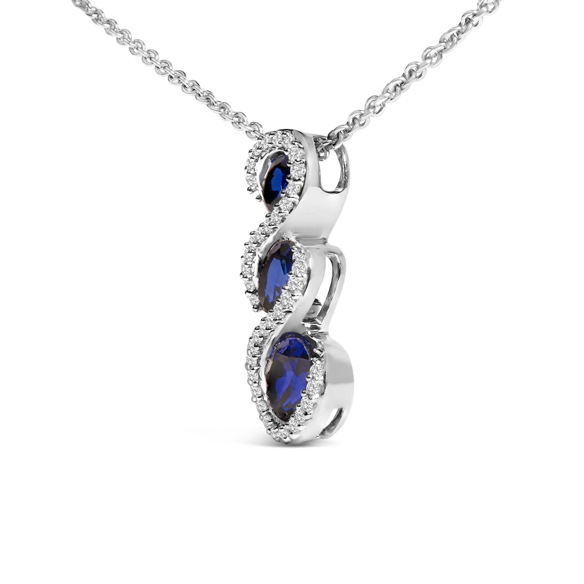 .925 Sterling Silver Created Blue and White Sapphire 3 Stone Swirl Pendant Necklace