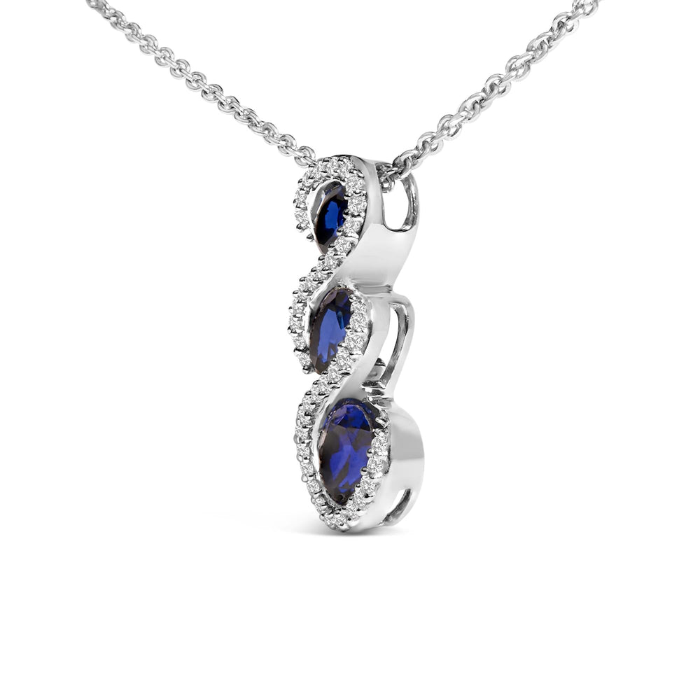 .925 Sterling Silver Created Blue and White Sapphire 3 Stone Swirl Pendant Necklace