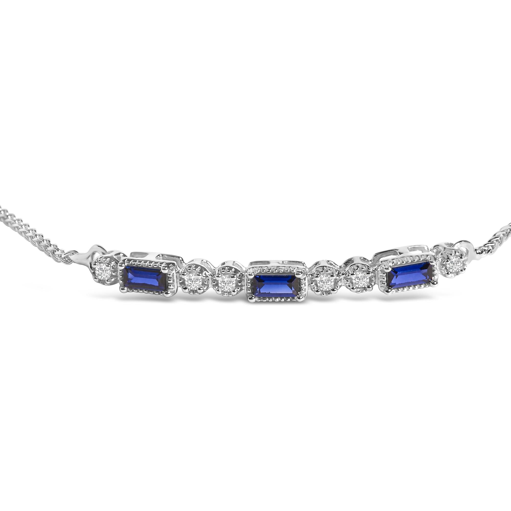 .925 Sterling Silver Created Blue Sapphire and White Sapphire Bolo Bracelet