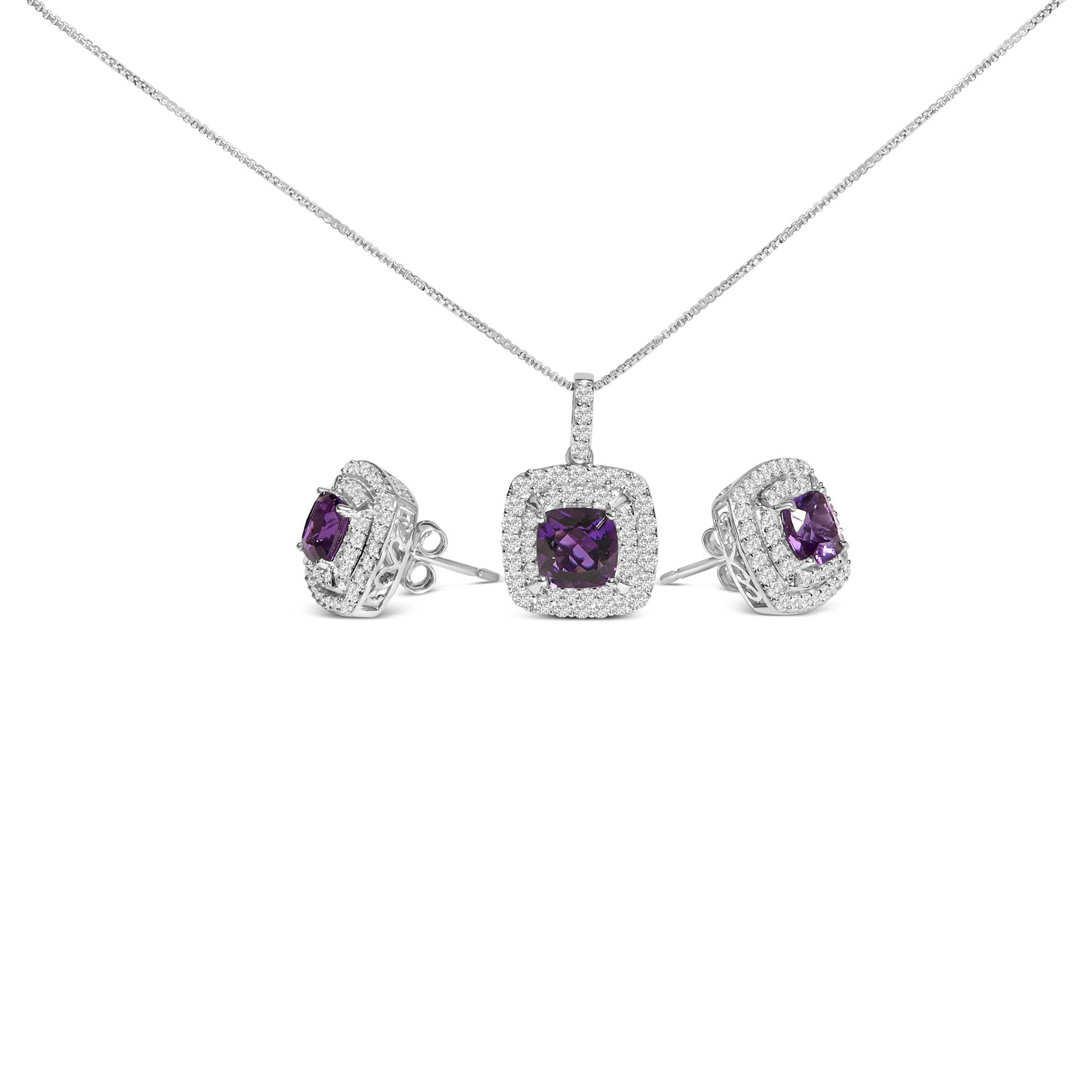 .925 Sterling Silver Created Purple Amethyst and White Sapphire Halo Pendant Earring Set