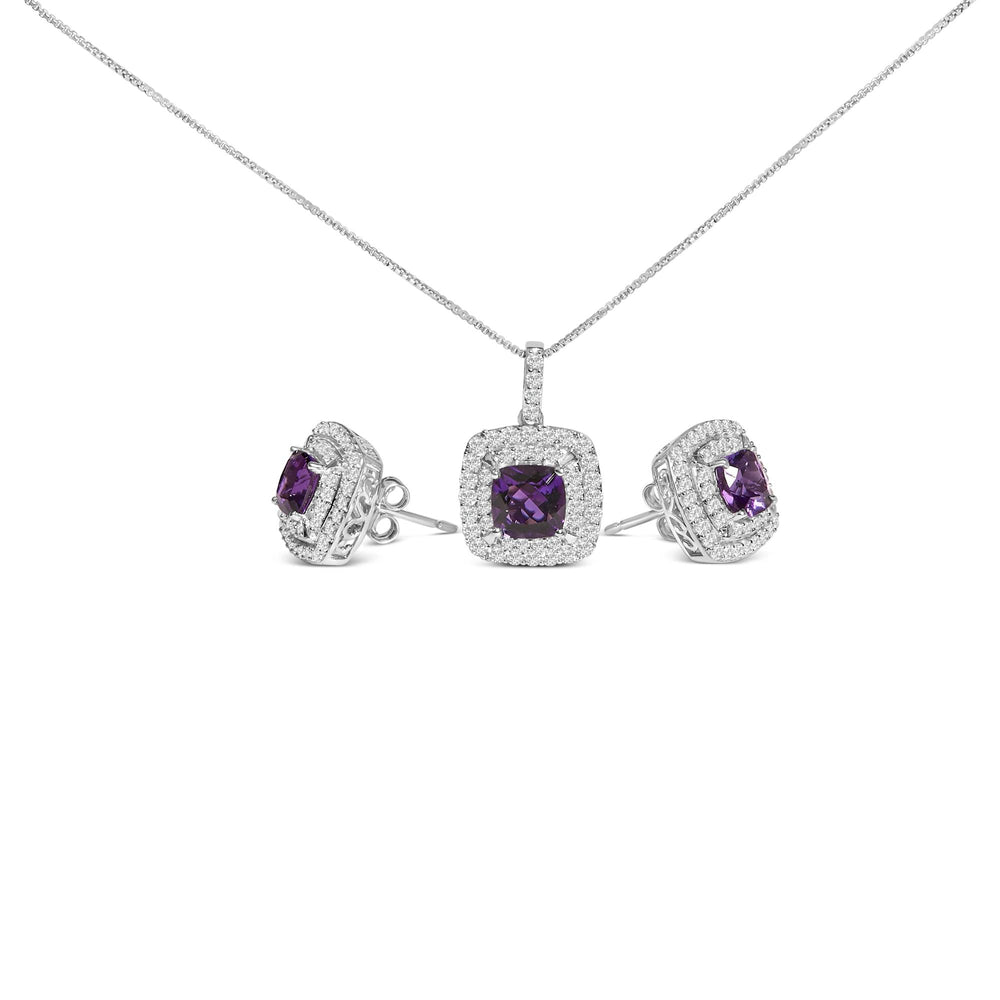 .925 Sterling Silver Created Purple Amethyst and White Sapphire Halo Pendant Earring Set