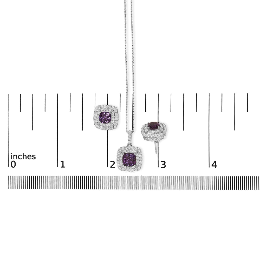 .925 Sterling Silver Created Purple Amethyst and White Sapphire Halo Pendant Earring Set