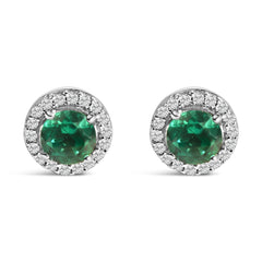 .925 Sterling Silver with Created Green  Emerald and White Sapphire Halo Stud Earring