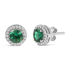 .925 Sterling Silver with Created Green  Emerald and White Sapphire Halo Stud Earring