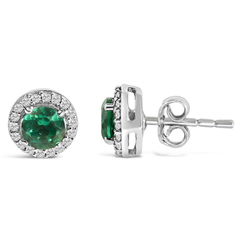 .925 Sterling Silver with Created Green  Emerald and White Sapphire Halo Stud Earring