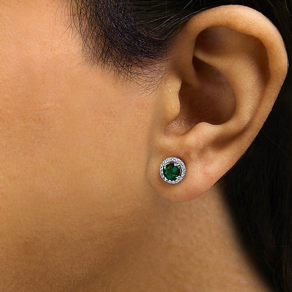 .925 Sterling Silver with Created Green  Emerald and White Sapphire Halo Stud Earring