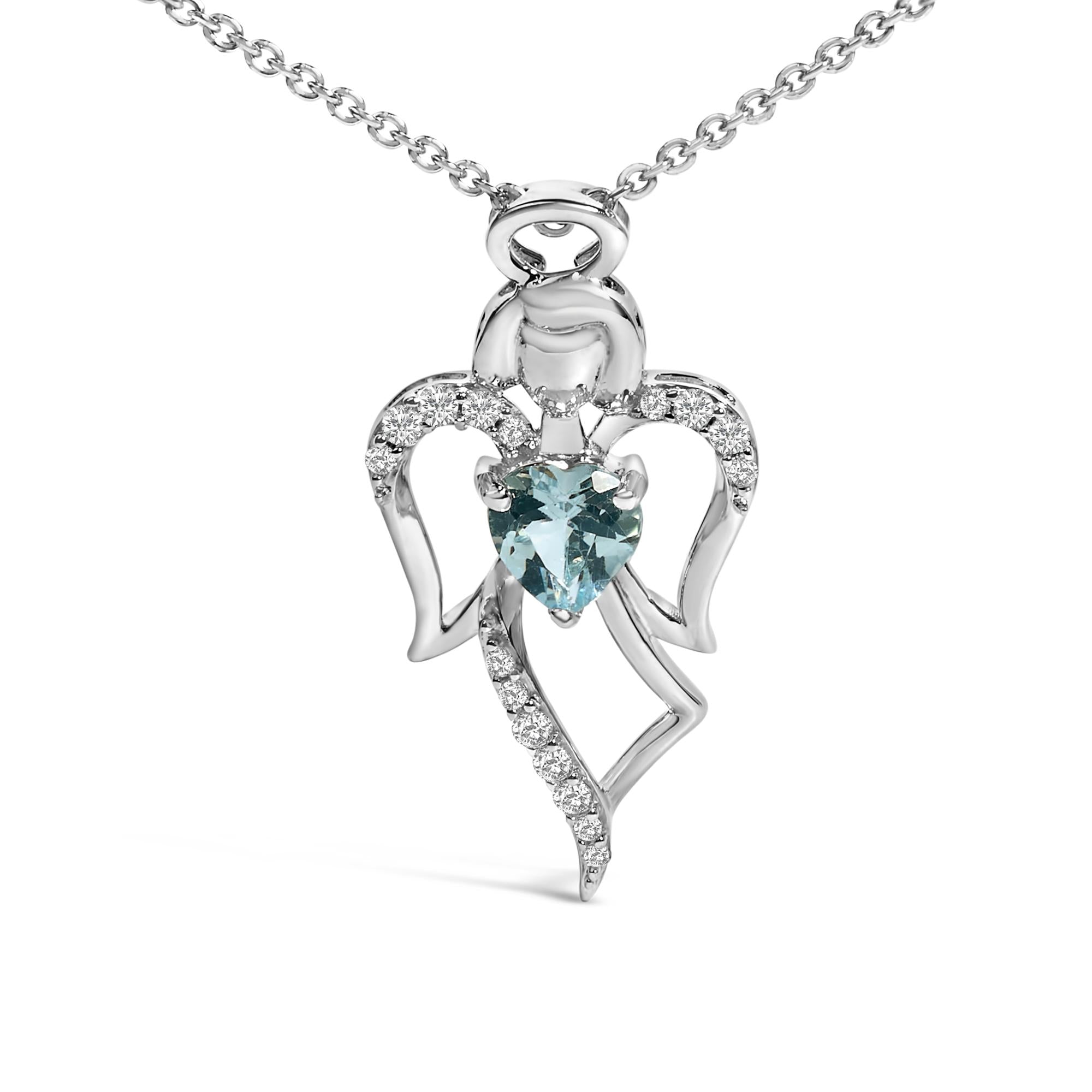 .925 Sterling Silver Created Blue Topaz Angel Pendant Necklace