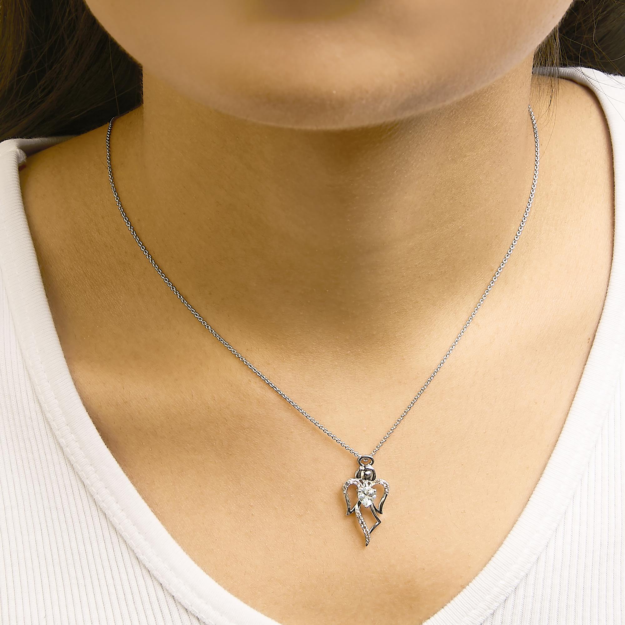.925 Sterling Silver Created Blue Topaz Angel Pendant Necklace
