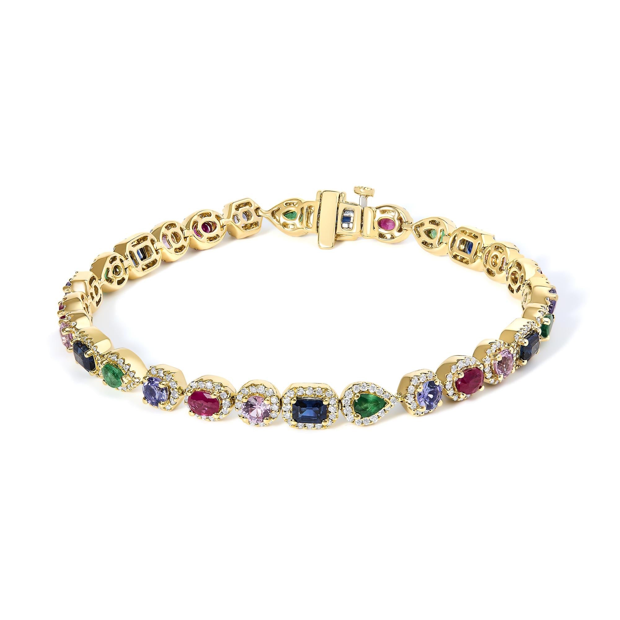 14K Yellow Gold Multi-Gemstone  and Diamond Halo Rainbow Tennis Bracelet