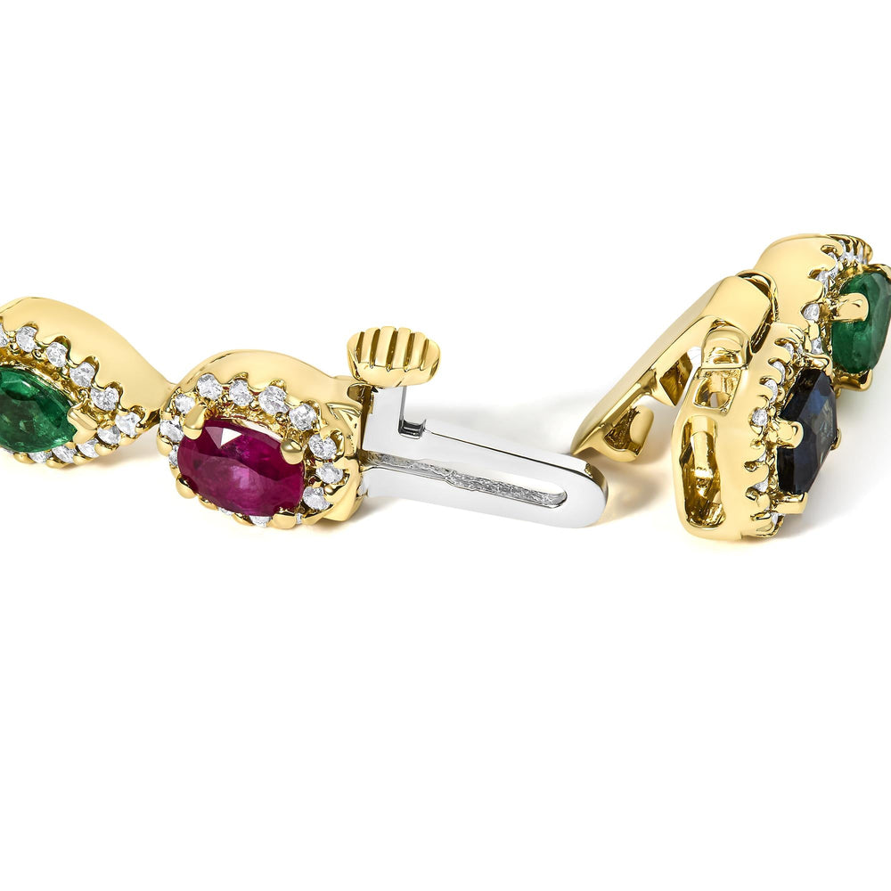 14K Yellow Gold Multi-Gemstone  and Diamond Halo Rainbow Tennis Bracelet